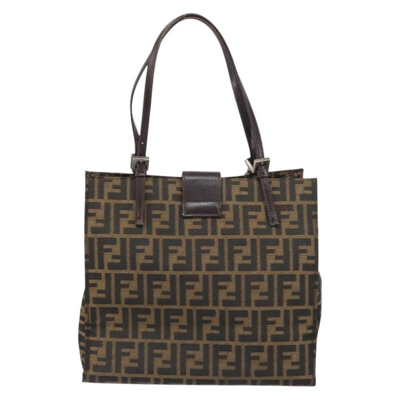FENDI Zucca Canvas Mamma Baguette Tote Bag Brown Black Auth 157686
