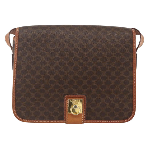 CELINE Macadam Canvas Shoulder Bag PVC Leather Brown Gold Auth 157767