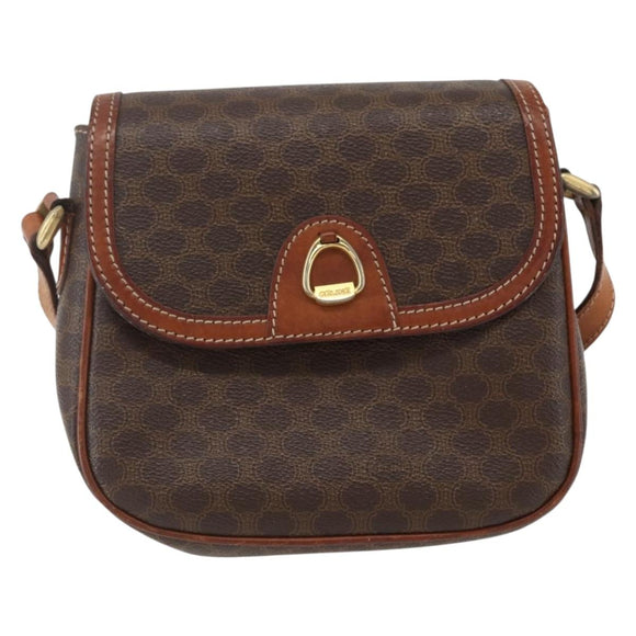 CELINE Macadam Canvas Shoulder Bag PVC Leather Brown Gold Auth 157769