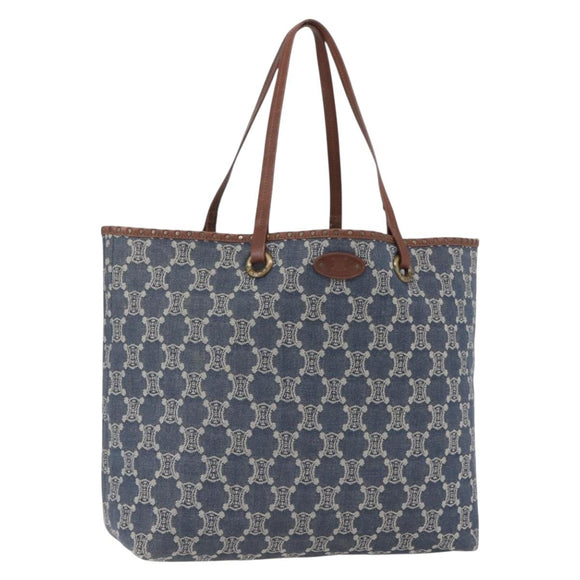 CELINE Paris Macadam Canvas Tote Bag Denim Blue Gold Auth 157771