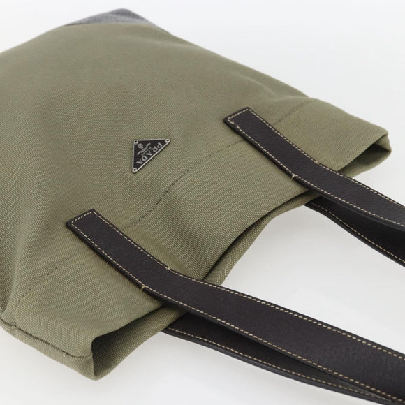 PRADA Tote Bag Canvas Khaki Silver Auth 157785