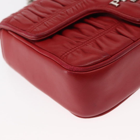 PRADA Chain Nappa Goful Shoulder Bag Leather Red Silver Auth 157786