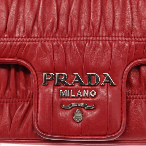 PRADA Chain Nappa Goful Shoulder Bag Leather Red Silver Auth 157786