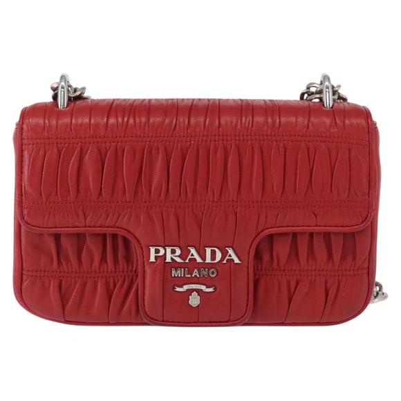 PRADA Chain Nappa Goful Shoulder Bag Leather Red Silver Auth 157786