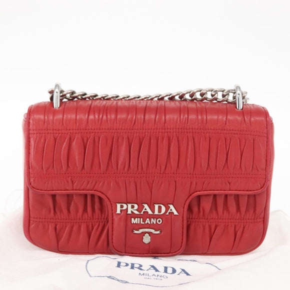 PRADA Chain Nappa Goful Shoulder Bag Leather Red Silver Auth 157786