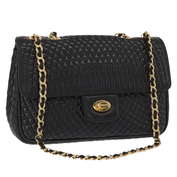 BALLY Chain Shoulder Bag Leather Black Gold Auth 157788