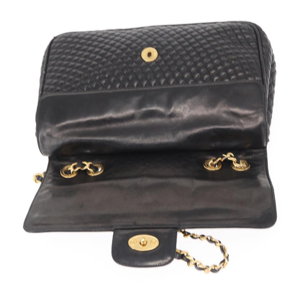 BALLY Chain Shoulder Bag Leather Black Gold Auth 157788