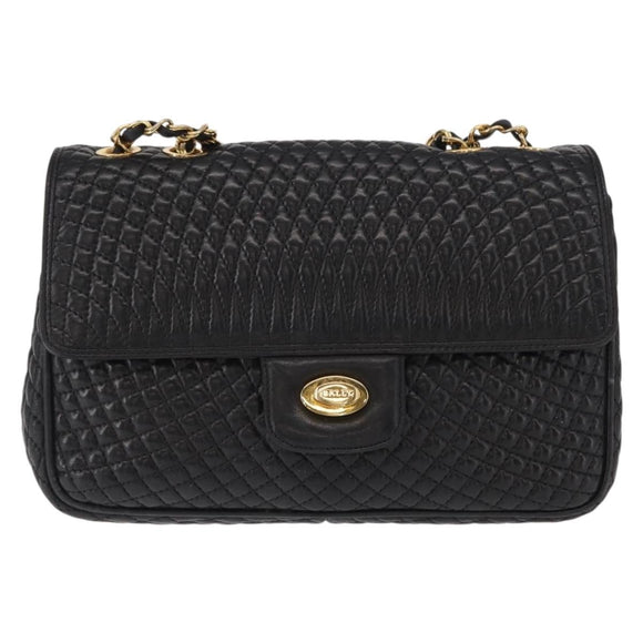BALLY Chain Shoulder Bag Leather Black Gold Auth 157788