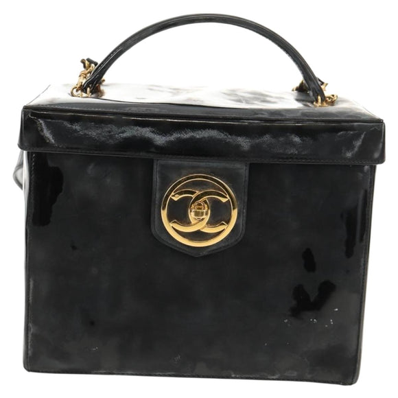 CHANEL Vanity Hand Bag Patent leather 2way Black Gold CC Auth 157791