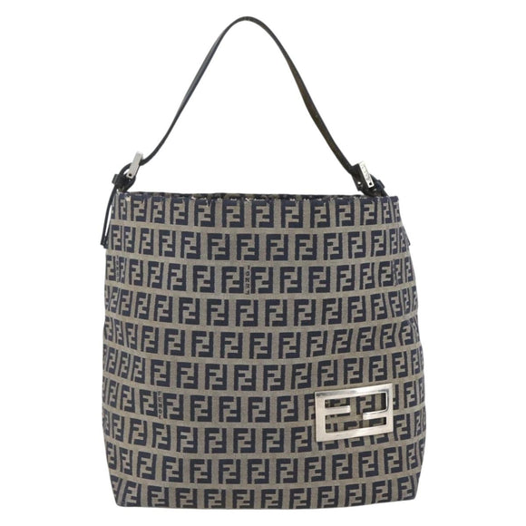 FENDI Zucchino Canvas Shoulder Bag Navy Silver Auth 157799