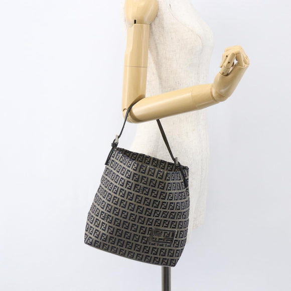 FENDI Zucchino Canvas Shoulder Bag Navy Silver Auth 157799