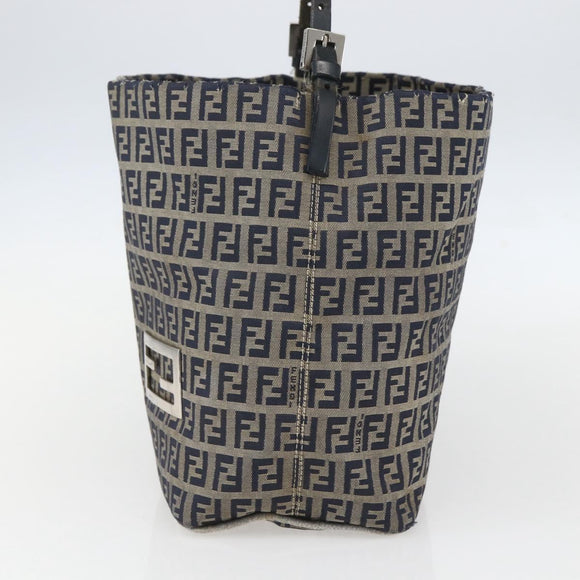 FENDI Zucchino Canvas Shoulder Bag Navy Silver Auth 157799