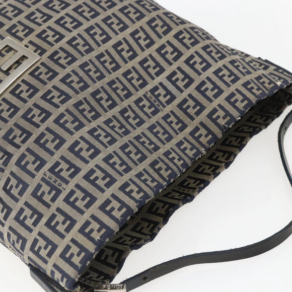 FENDI Zucchino Canvas Shoulder Bag Navy Silver Auth 157799
