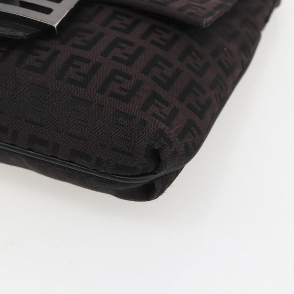 FENDI Zucchino Canvas Shoulder Bag Brown Silver Auth 157800