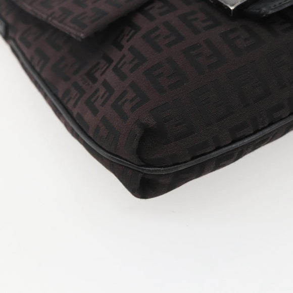 FENDI Zucchino Canvas Shoulder Bag Brown Silver Auth 157800