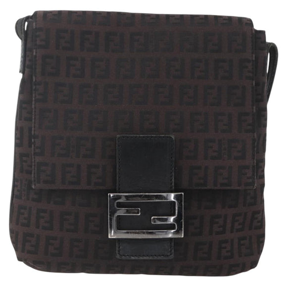 FENDI Zucchino Canvas Shoulder Bag Brown Silver Auth 157800