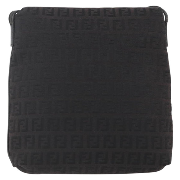 FENDI Zucchino Canvas Shoulder Bag Brown Silver Auth 157800