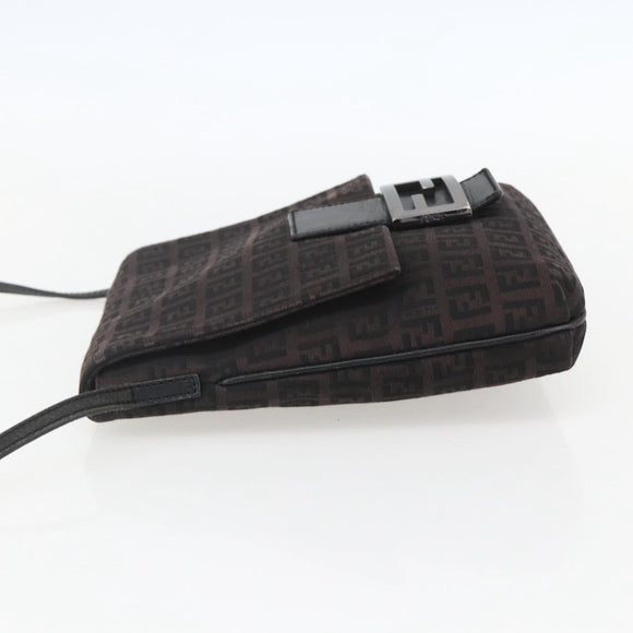 FENDI Zucchino Canvas Shoulder Bag Brown Silver Auth 157800