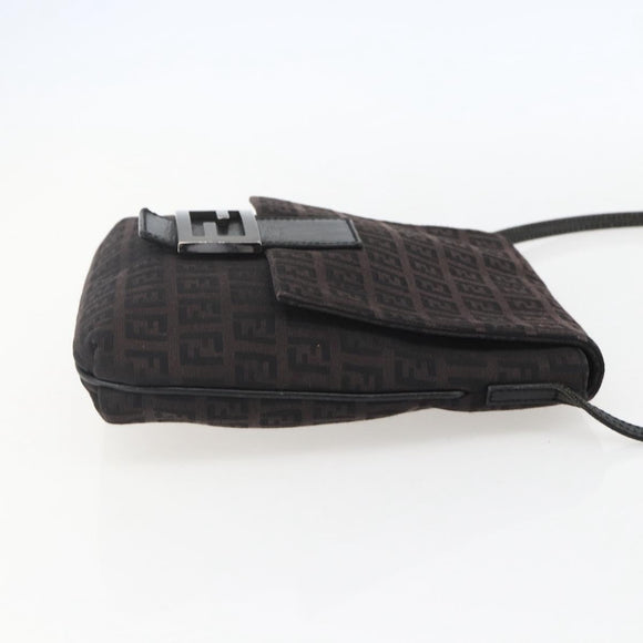 FENDI Zucchino Canvas Shoulder Bag Brown Silver Auth 157800