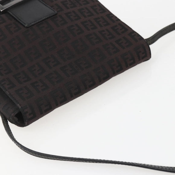 FENDI Zucchino Canvas Shoulder Bag Brown Silver Auth 157800
