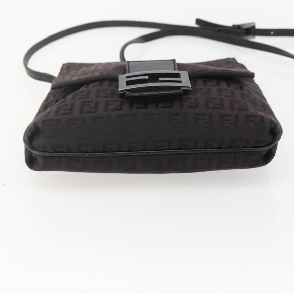 FENDI Zucchino Canvas Shoulder Bag Brown Silver Auth 157800