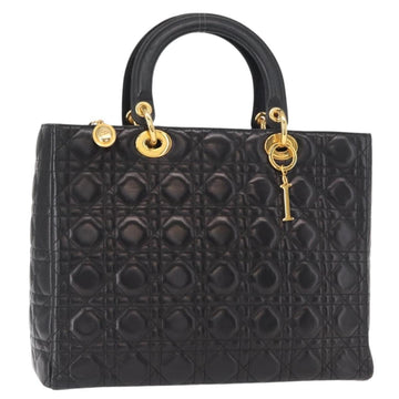 Christian Dior Lady Dior Canage Tote Bag Lamb Skin Black Gold Auth 157801