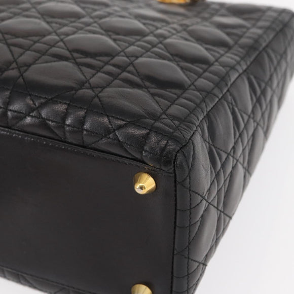 Christian Dior Lady Dior Canage Tote Bag Lamb Skin Black Gold Auth 157801