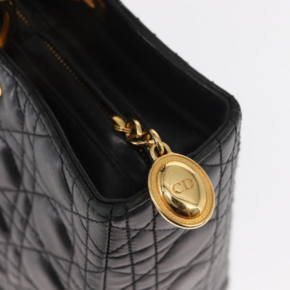 Christian Dior Lady Dior Canage Tote Bag Lamb Skin Black Gold Auth 157801