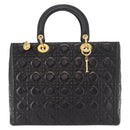 Christian Dior Lady Dior Canage Tote Bag Lamb Skin Black Gold Auth 157801-2