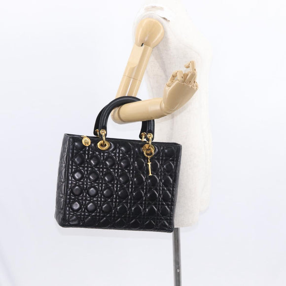 Christian Dior Lady Dior Canage Tote Bag Lamb Skin Black Gold Auth 157801