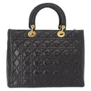 Christian Dior Lady Dior Canage Tote Bag Lamb Skin Black Gold Auth 157801-3