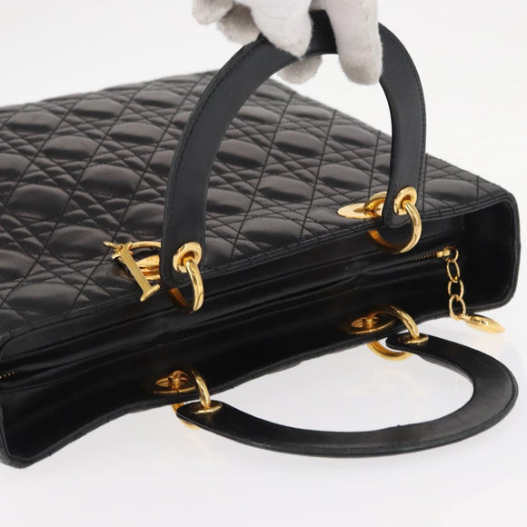 Christian Dior Lady Dior Canage Tote Bag Lamb Skin Black Gold Auth 157801