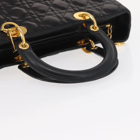 Christian Dior Lady Dior Canage Tote Bag Lamb Skin Black Gold Auth 157801