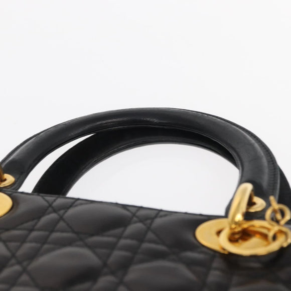 Christian Dior Lady Dior Canage Tote Bag Lamb Skin Black Gold Auth 157801
