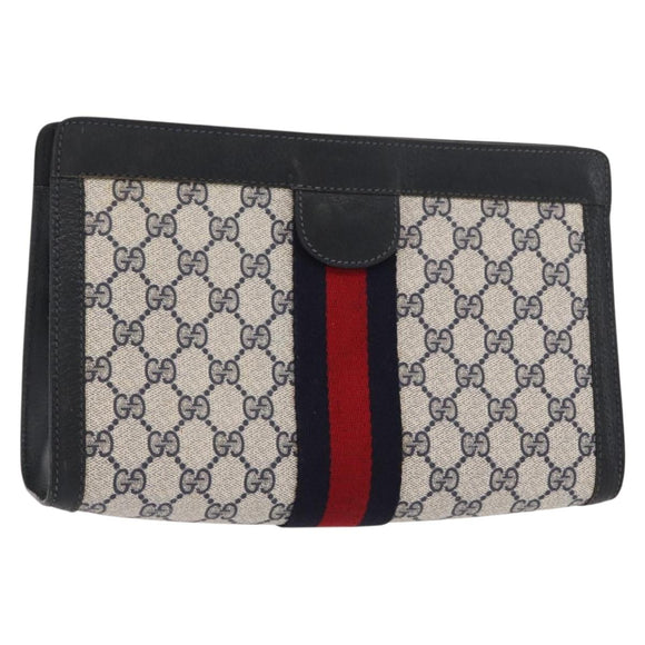 GUCCI GG Supreme Sherry Line Clutch Bag PVC Navy Gold Red 89 01 002 Auth 157859