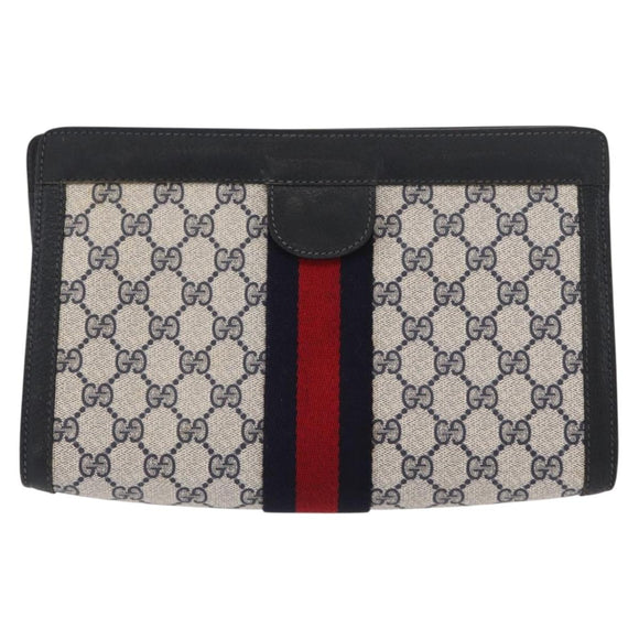 GUCCI GG Supreme Sherry Line Clutch Bag PVC Navy Gold Red 89 01 002 Auth 157859