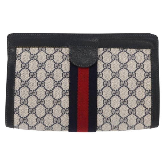 GUCCI GG Supreme Sherry Line Clutch Bag PVC Navy Gold Red 89 01 002 Auth 157859