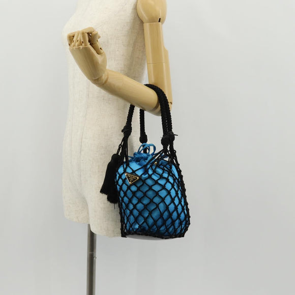PRADA Hand Bag Satin Blue Gold Auth 157879V