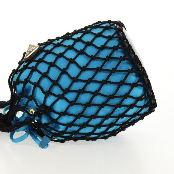 PRADA Hand Bag Satin Blue Gold Auth 157879V