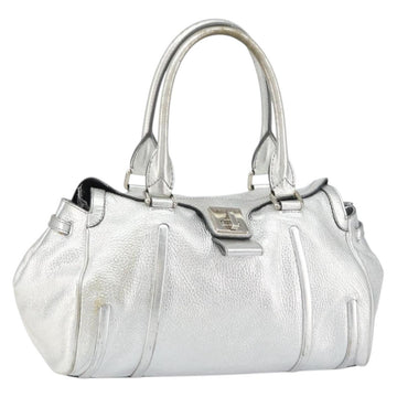 CELINE Hand Bag Leather Silver Auth 157912