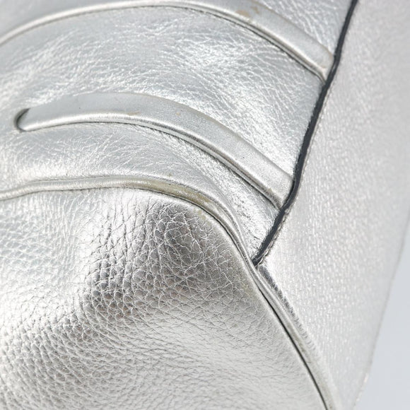 CELINE Hand Bag Leather Silver Auth 157912