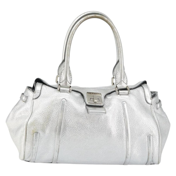 CELINE Hand Bag Leather Silver Auth 157912
