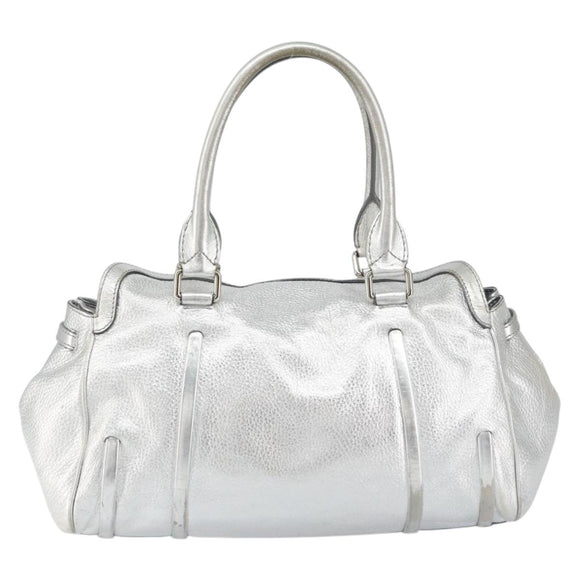 CELINE Hand Bag Leather Silver Auth 157912