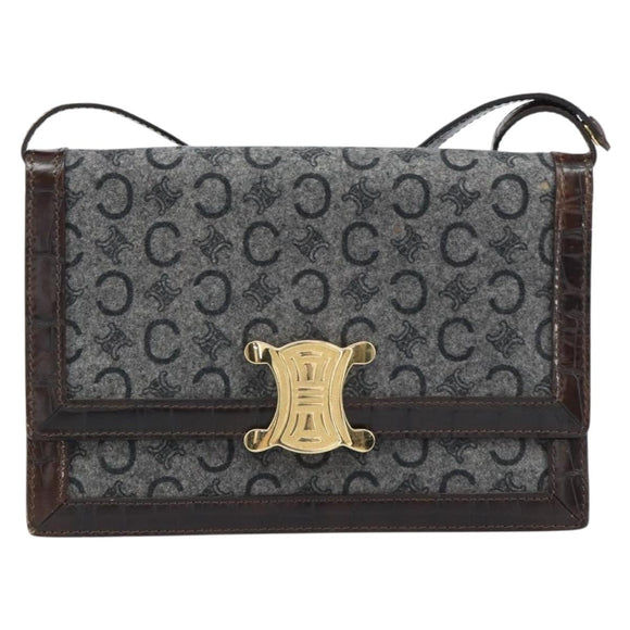 CELINE C Macadam Canvas Shoulder Bag Gray Gold Auth 157930