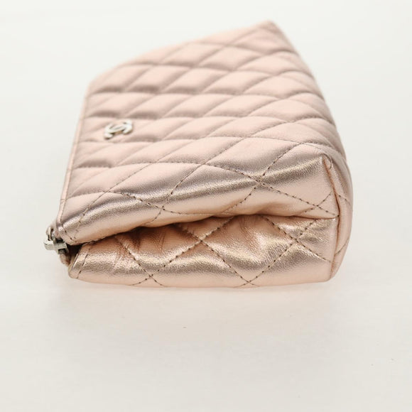 CHANEL Matelasse Pouch Lamb Skin Pink Gold CC Auth 157936M
