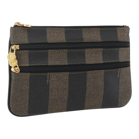 FENDI Pecan Canvas Pouch PVC Black Brown Auth 157951