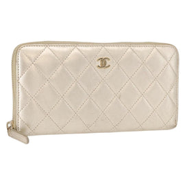 CHANEL Matelasse Long Wallet Lamb Skin Gold CC Auth 157953
