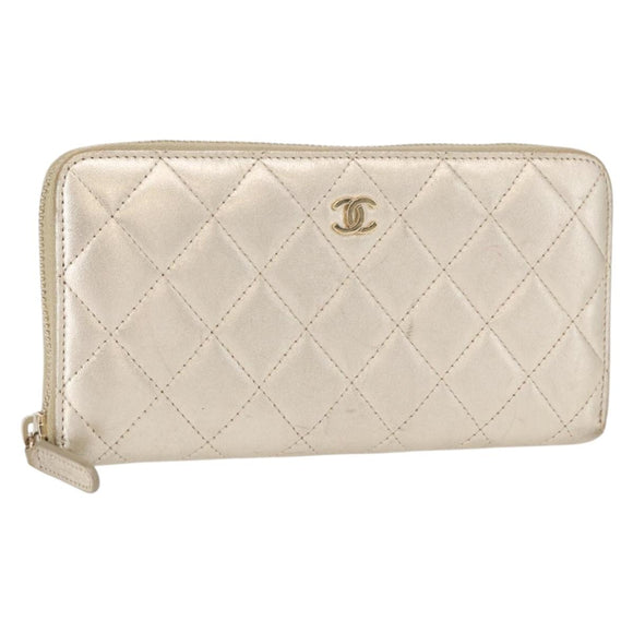 CHANEL Matelasse Long Wallet Lamb Skin Gold CC Auth 157953
