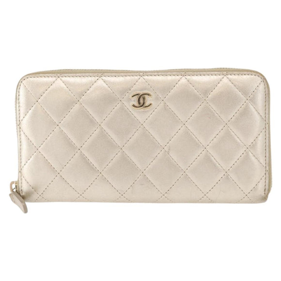CHANEL Matelasse Long Wallet Lamb Skin Gold CC Auth 157953