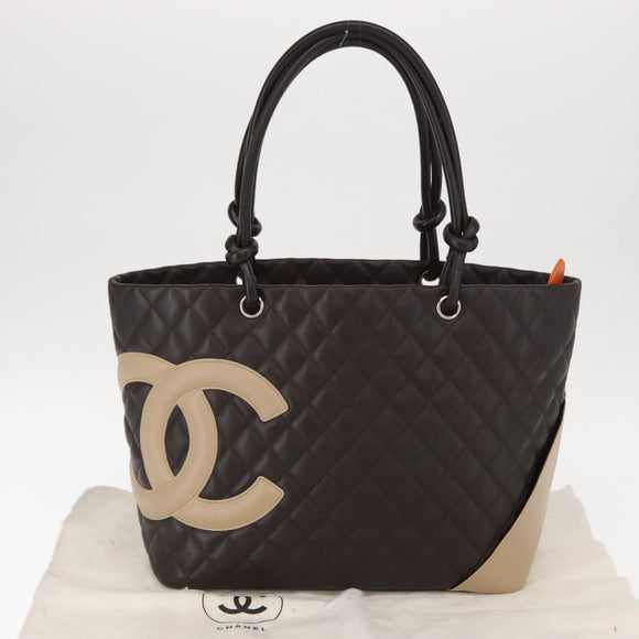 CHANEL Cambon Line Large Matelasse Bag Leather Brown Silver CC Auth 157990SAV